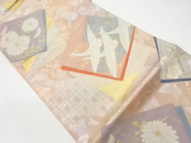 JAPANESE KIMONO / VINTAGE FUKURO OBI / WOVEN STREAM & KIKU & CRANE